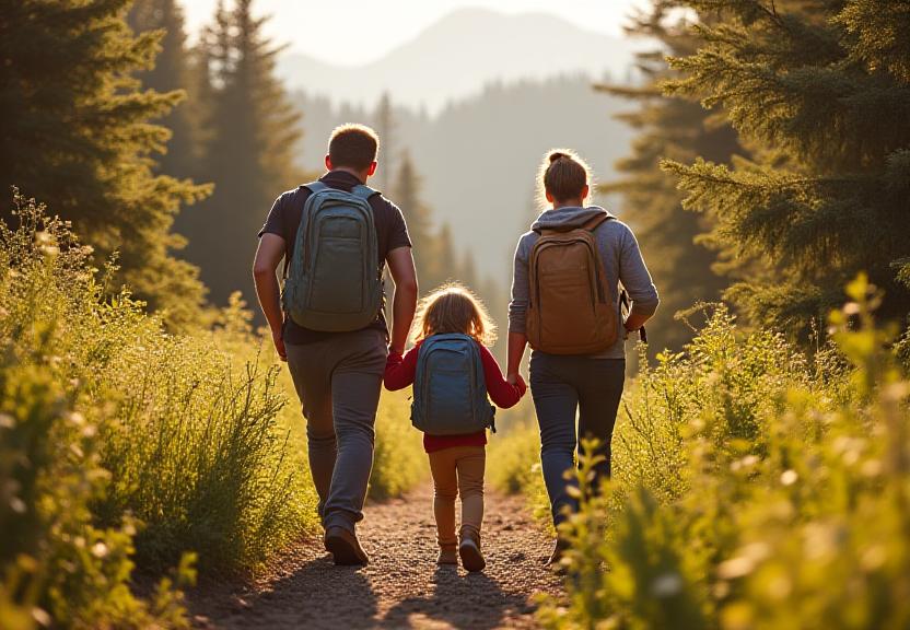 Family hiking in Canadian wilderness